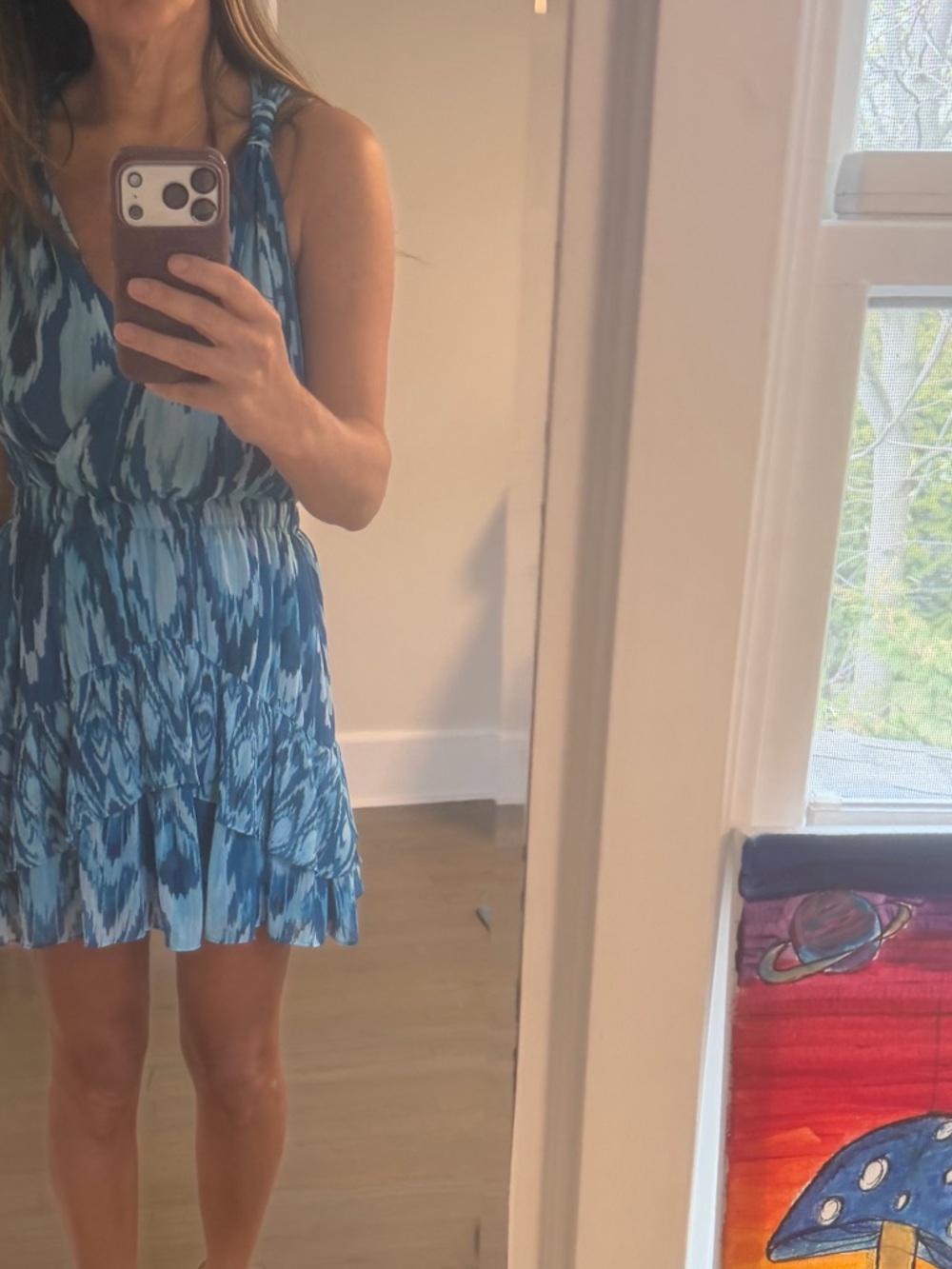 Ramy Brook Blue Patterned Tie-Shoulder Mini Dress / sundress